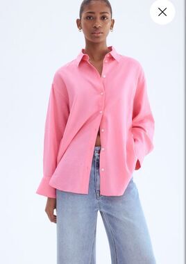 H&M HM Linen Blend Button Down Shirt XS Pink Oversized Lagenlook Beach Coverup